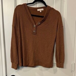 Waffle Knit Button-Up Hoodie in Brown